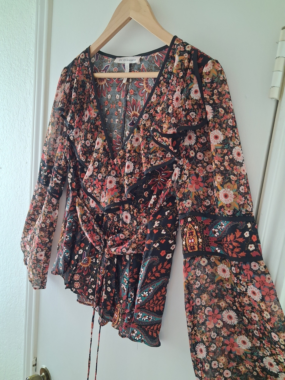 BCBGMaxAzria Black Floral Wrap Blouse with Bell Sleeves - Picture 3 of 6